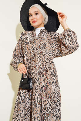 Düğmeli Patlı Desenli Elbise Siyah - Tesettür Elbise