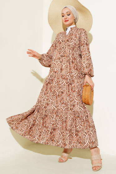 Düğmeli Patlı Desenli Elbise Taba - Elbise