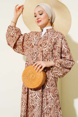 Düğmeli Patlı Desenli Elbise Taba - Tesettür Elbise