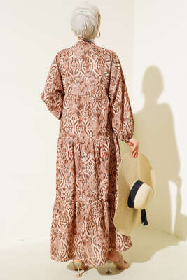 Düğmeli Patlı Desenli Elbise Taba - Tesettür Elbise