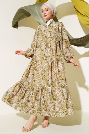 Düğmeli Patlı Desenli Elbise Yeşil - Elbise