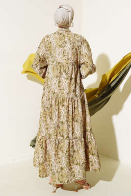 Düğmeli Patlı Desenli Elbise Yeşil - Tesettür Elbise