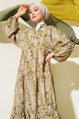 Düğmeli Patlı Desenli Elbise Yeşil - Tesettür Elbise