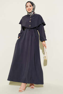 Düğmeli Pelerin Detaylı Modal Elbise Füme - NEVA MODA