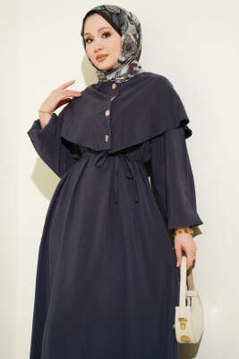 Düğmeli Pelerin Detaylı Modal Elbise Füme - Elbise