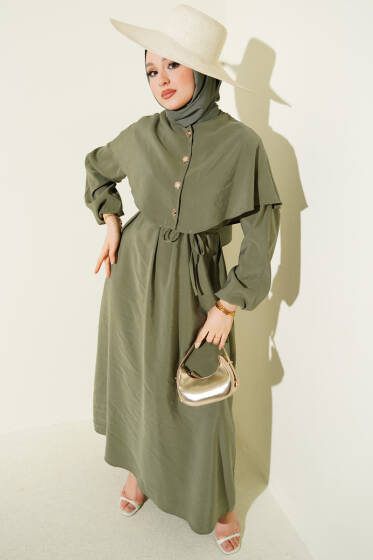 Düğmeli Pelerin Detaylı Modal Elbise Haki - Elbise
