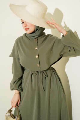 Düğmeli Pelerin Detaylı Modal Elbise Haki - Elbise