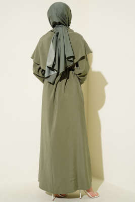 Düğmeli Pelerin Detaylı Modal Elbise Haki - Elbise