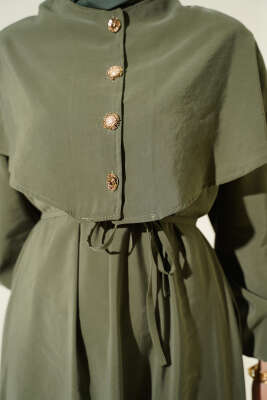 Düğmeli Pelerin Detaylı Modal Elbise Haki - Elbise