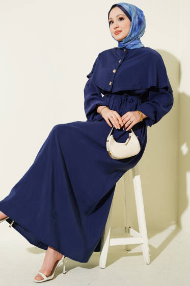 Düğmeli Pelerin Detaylı Modal Elbise Lacivert - Elbise