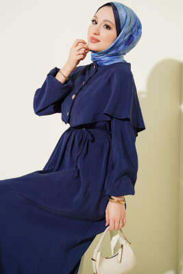 Düğmeli Pelerin Detaylı Modal Elbise Lacivert - Elbise