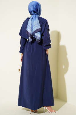 Düğmeli Pelerin Detaylı Modal Elbise Lacivert - Elbise