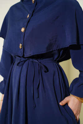 Düğmeli Pelerin Detaylı Modal Elbise Lacivert - Elbise