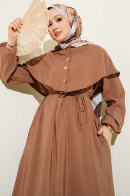 Düğmeli Pelerin Detaylı Modal Elbise Latte - NEVA MODA