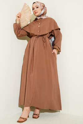 Düğmeli Pelerin Detaylı Modal Elbise Latte - Elbise