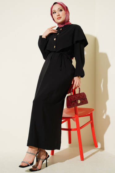 Düğmeli Pelerin Detaylı Modal Elbise Siyah - Elbise