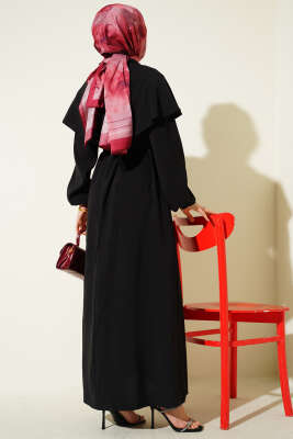 Düğmeli Pelerin Detaylı Modal Elbise Siyah - Elbise