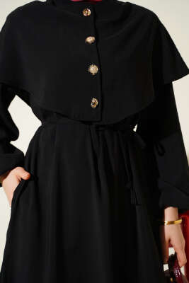 Düğmeli Pelerin Detaylı Modal Elbise Siyah - Elbise