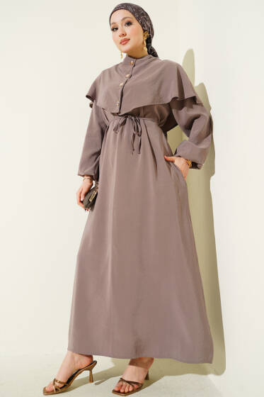 Düğmeli Pelerin Detaylı Modal Elbise Vizon - Elbise