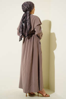 Düğmeli Pelerin Detaylı Modal Elbise Vizon - Elbise