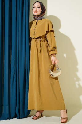 Düğmeli Pelerin Detaylı Modal Elbise Yağ Yeşili - NEVA MODA