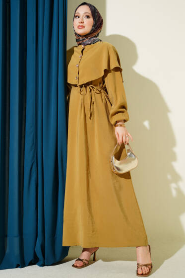 Düğmeli Pelerin Detaylı Modal Elbise Yağ Yeşili - Elbise