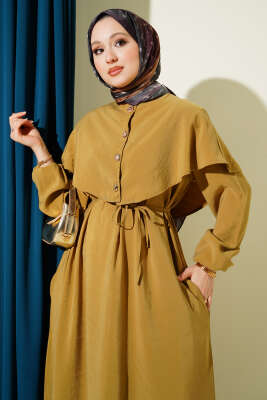 Düğmeli Pelerin Detaylı Modal Elbise Yağ Yeşili - Elbise