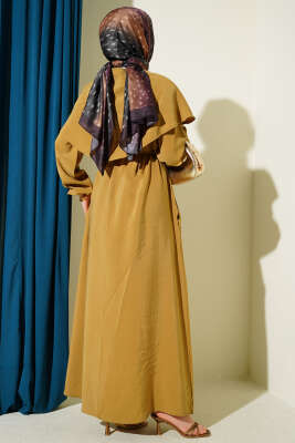 Düğmeli Pelerin Detaylı Modal Elbise Yağ Yeşili - Elbise