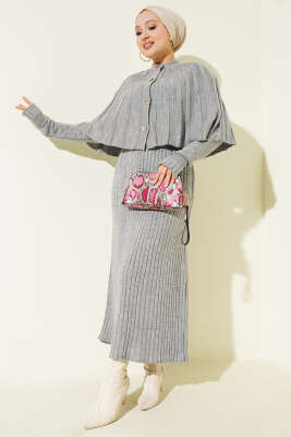 Düğmeli Pelerinli Triko Elbise Takım Gri - RAFİMİX