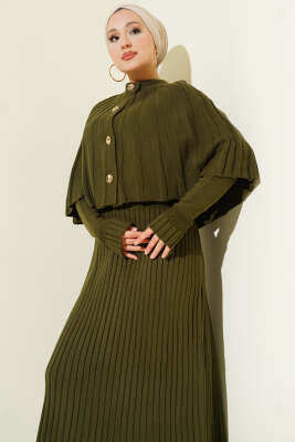 Düğmeli Pelerinli Triko Elbise Takım Haki - Elbise