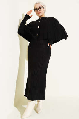 Düğmeli Pelerinli Triko Elbise Takım Siyah - RAFİMİX