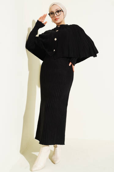 Düğmeli Pelerinli Triko Elbise Takım Siyah - Elbise