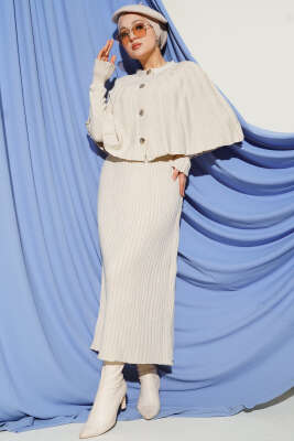 Düğmeli Pelerinli Triko Elbise Takım Taş - RAFİMİX