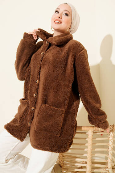 Düğmeli Peluş Hırka Acı Kahve - Günün Seçilenleri