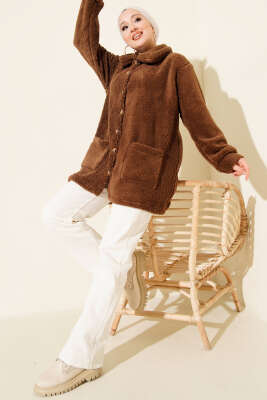 Düğmeli Peluş Hırka Acı Kahve - Hırka