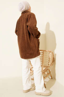 Düğmeli Peluş Hırka Acı Kahve - Hırka