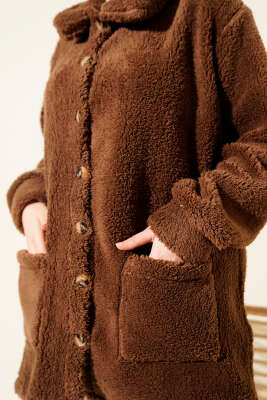 Düğmeli Peluş Hırka Acı Kahve - Hırka