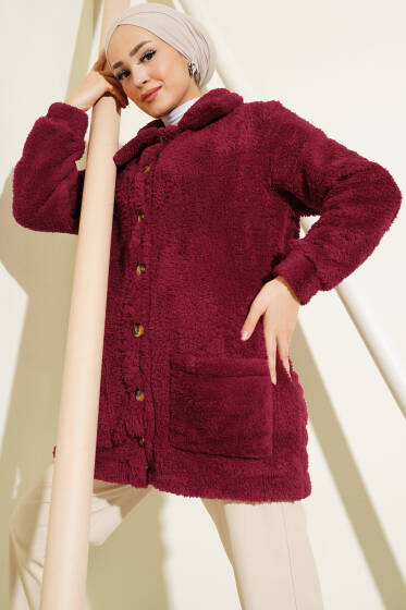 Düğmeli Peluş Hırka Bordo - Hırka