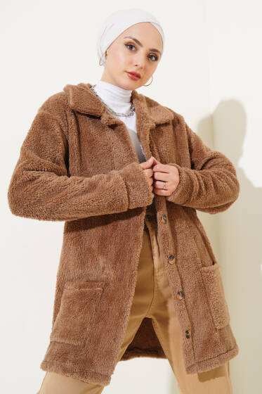 Düğmeli Peluş Hırka Kahve - Hırka