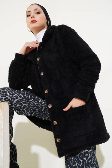 Düğmeli Peluş Hırka Siyah - Hırka