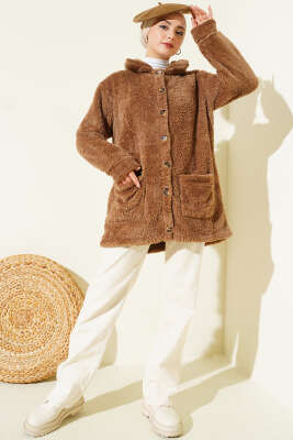 Düğmeli Peluş Hırka Vizon - Hırka