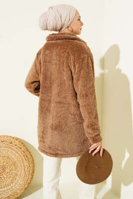 Düğmeli Peluş Hırka Vizon - Hırka