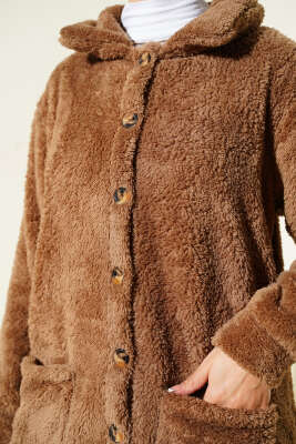 Düğmeli Peluş Hırka Vizon - Hırka