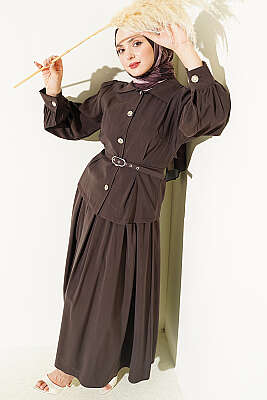 Düğmeli Pens Detaylı Modal Etekli Takım Acı Kahve 