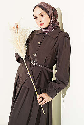 Düğmeli Pens Detaylı Modal Etekli Takım Acı Kahve - İkili Takım