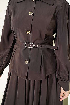 Düğmeli Pens Detaylı Modal Etekli Takım Acı Kahve - İkili Takım