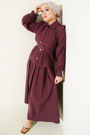 Düğmeli Pens Detaylı Modal Etekli Takım Bordo - İkili Takım