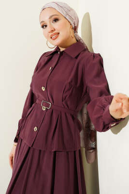 Düğmeli Pens Detaylı Modal Etekli Takım Bordo - İkili Takım