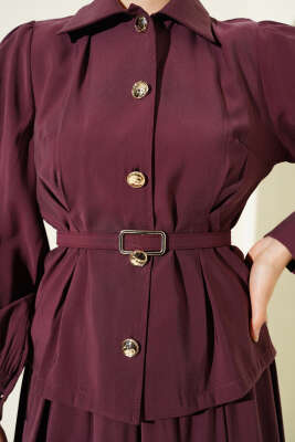 Düğmeli Pens Detaylı Modal Etekli Takım Bordo - İkili Takım