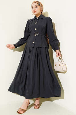 Düğmeli Pens Detaylı Modal Etekli Takım Füme - MUSTİ